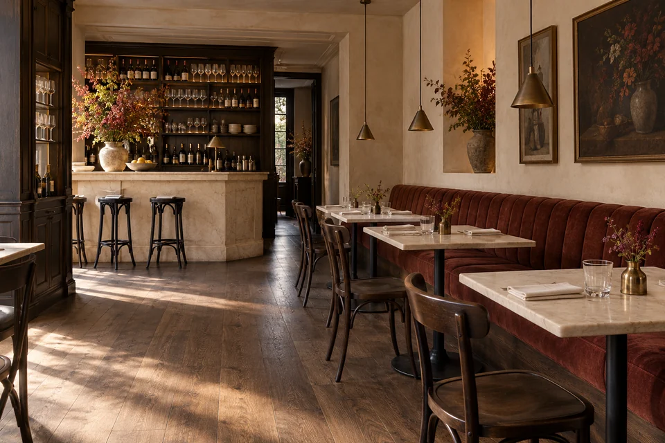 Interieurstudie van een gastvrij restaurant met warme kleuren en verschillende zitplekken