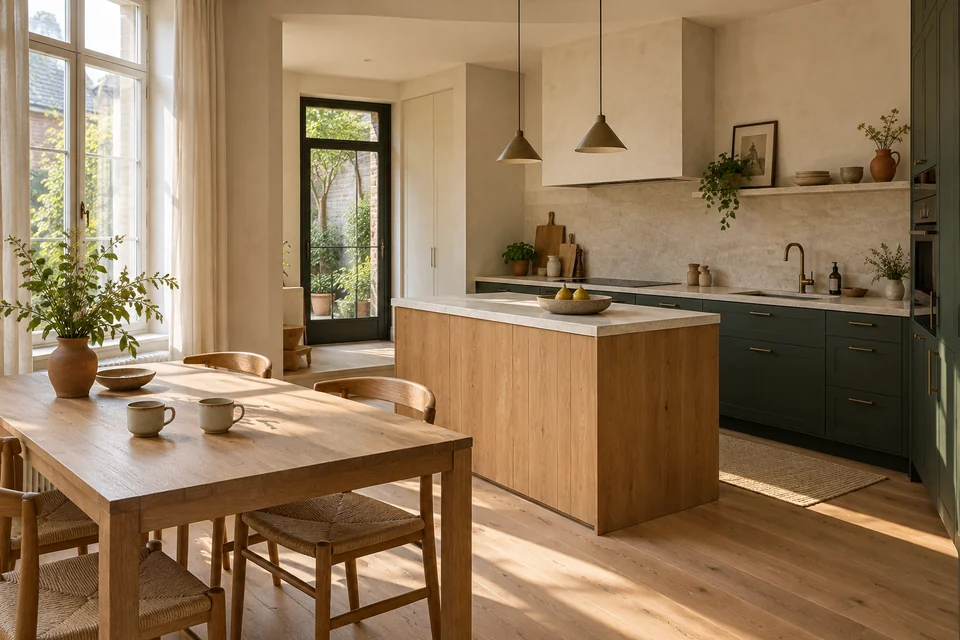 Ontwerpstudie van een keuken en eethoek in een Belgisch herenhuis