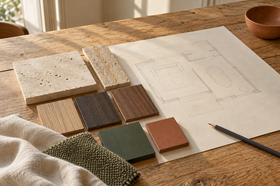 Materiaalstudie met stalen van eikenhout, steen en linnen op een tafel